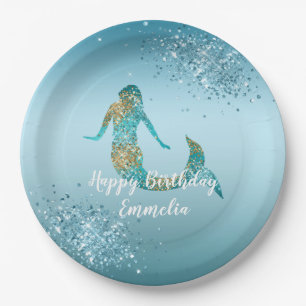 Aqua Ombre Gold Glitzer Sparkle Mermaid       Pappteller