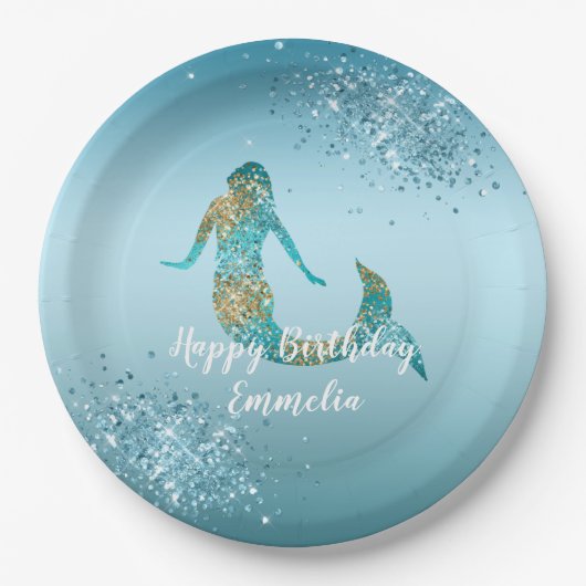 Aqua Ombre Gold Glitzer Sparkle Mermaid Pappteller (Vorderseite)