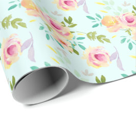 Aqua Ombre Rosa Gelbe Flora Geschenkpapier