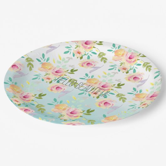 Aqua Ombre Rosa Gelbe Flora Pappteller (Schrägansicht)