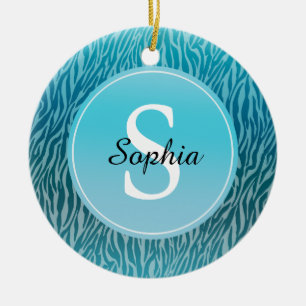 Aqua Ombre Zebra Print Monogram Keramik Ornament