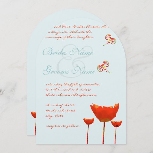 Aqua Orange Poppies Butterflies Einladung Hochzeit (Vorne/Hinten)