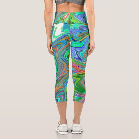Aqua, Orange und Grüne Groovy Abstrakt Retro Art Capri Leggings (Rückseite)
