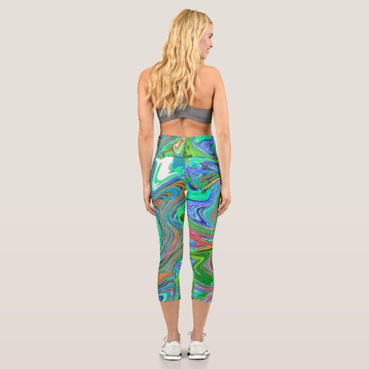 Aqua, Orange und Grüne Groovy Abstrakt Retro Art Capri Leggings (Rückseite)