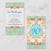 Aqua-, Orangen-und Golddamast-elegantes Chic Visitenkarte (Vorne/Hinten)