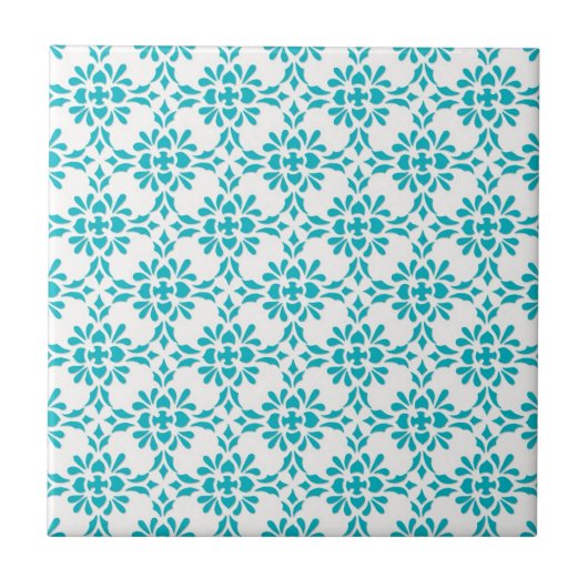 Aqua over White Damask Style Pattern Fliese (Vorderseite)