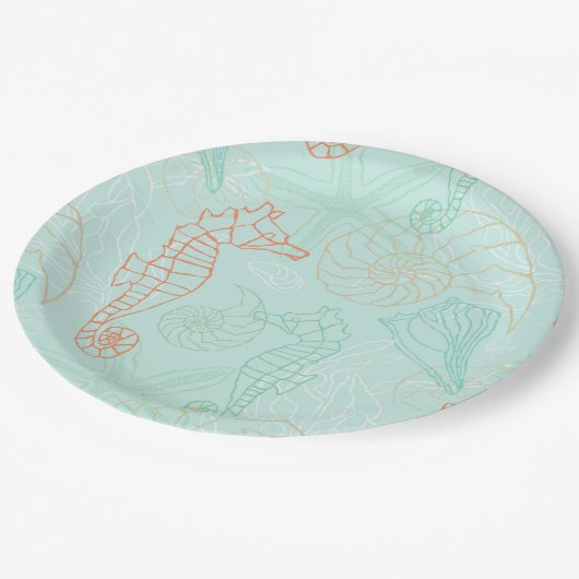 Aqua-Ozean-Seepferd-Motiv-Papierplatte Pappteller (Schrägansicht)