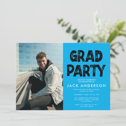 Aqua Paint Foto Graduation Party - Einladung (Stehend Vorderseite)