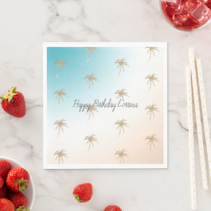 Aqua Peach Gold Tropical Palm Tree Serviette