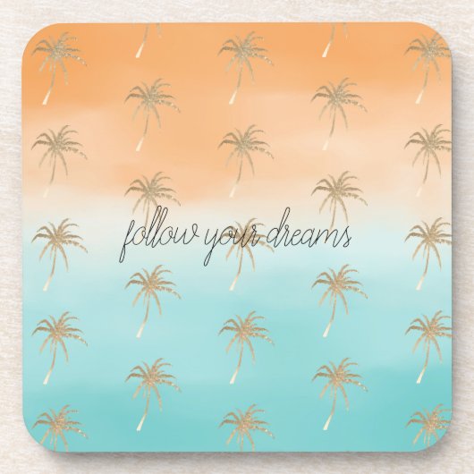 Aqua Peach Gold Tropical Palm Trees Ombre Getränkeuntersetzer (Vorderseite)
