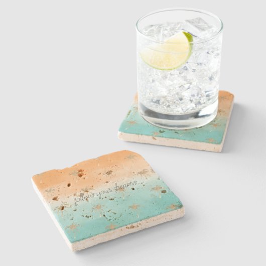 Aqua Peach Gold Tropical Palm Trees Ombre Steinuntersetzer (Seitenansicht)