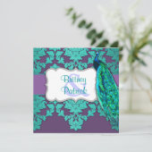 Aqua Peacock & Lila Damask Hochzeiten Einladung (Stehend Vorderseite)