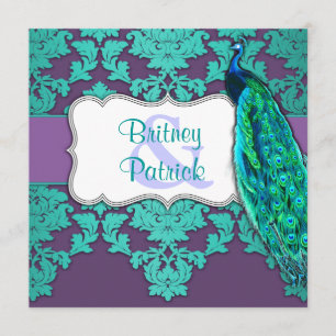 Aqua Peacock & Lila Damask Hochzeiten Einladung