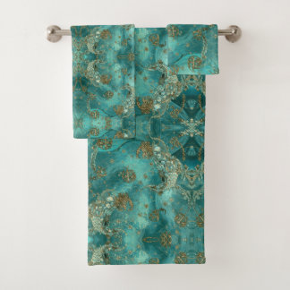 Aqua Pearlescent & Gold Mermaid Scale Pattern Badhandtuch Set