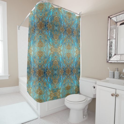 Aqua Pearlescent & Gold Mermaid Scale Pattern Duschvorhang (Beispiel)
