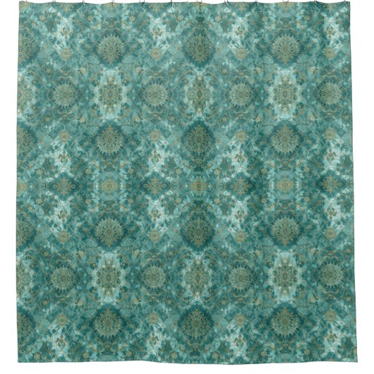 Aqua Pearlescent & Gold Mermaid Scale Pattern Duschvorhang (Vorderseite)