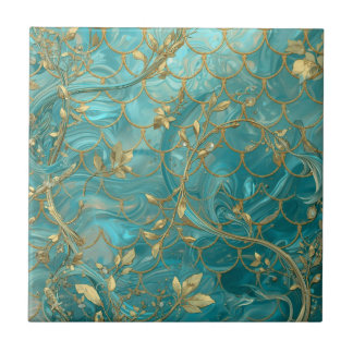 Aqua Pearlescent & Gold Mermaid Scale Pattern Fliese