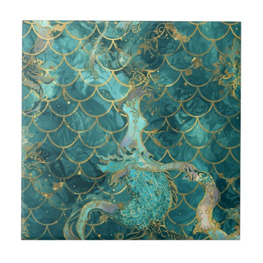 Aqua Pearlescent & Gold Mermaid Scale Pattern  Fliese (Vorderseite)