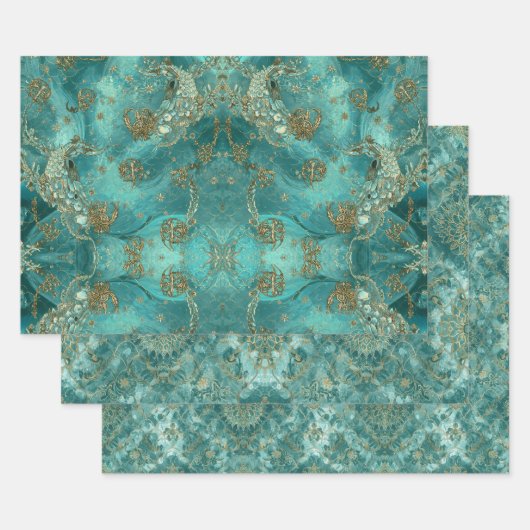 Aqua Pearlescent & Gold Mermaid Scale Pattern  Geschenkpapier Set (Set)