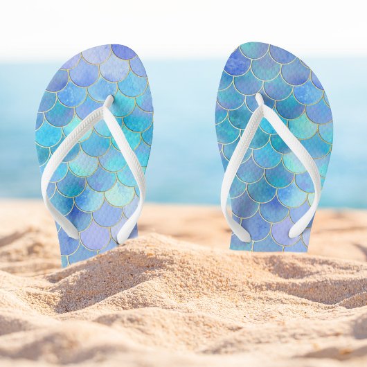 Aqua Pearlescent & Gold Mermaid Scanner Muster Badesandalen