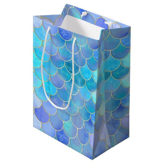 Aqua Pearlescent & Gold Mermaid Scanner Muster Mittlere Geschenktüte (Vorderseite Schrägansicht)