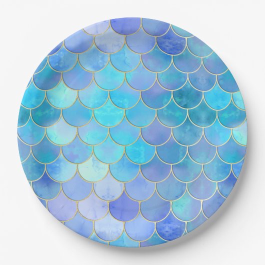 Aqua Pearlescent & Gold Mermaid Scanner Muster Pappteller (Vorderseite)