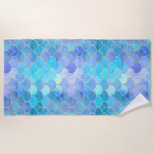 Aqua Pearlescent & Gold Mermaid Scanner Muster Strandtuch (Vorderseite)