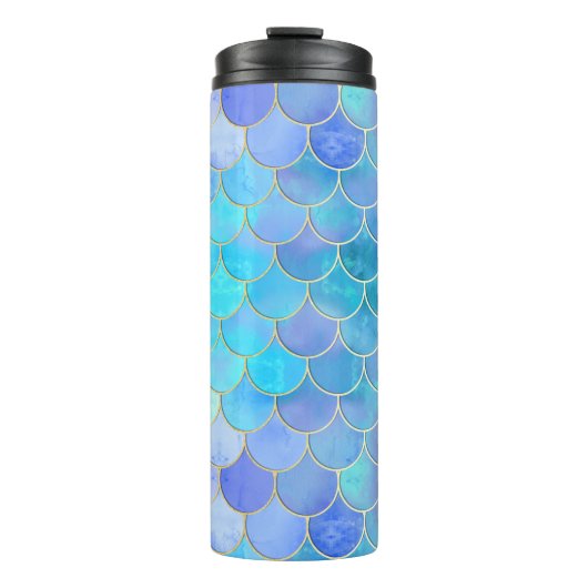 Aqua Pearlescent & Gold Mermaid Scanner Muster Thermosbecher (Vorderseite)