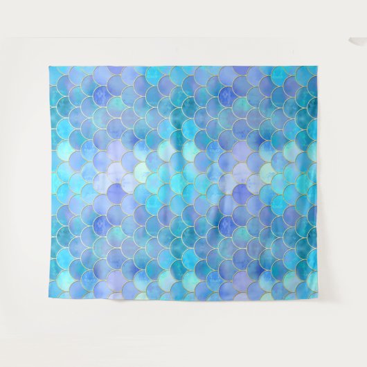 Aqua Pearlescent & Gold Mermaid Scanner Muster Wandteppich (Vorderseite (Horizontal))