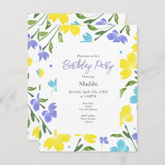 Aqua, Periwinkle, Gelbe Aquarellfarben, Blume Einladung (Vorne/Hinten)