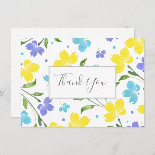 Aqua, Periwinkle, Gelbe Wasserfarben, Blumengestel Dankeskarte (Vorne/Hinten)