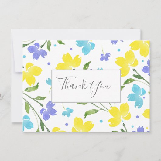 Aqua, Periwinkle, Gelbe Wasserfarben, Blumengestel Dankeskarte (Vorderseite)