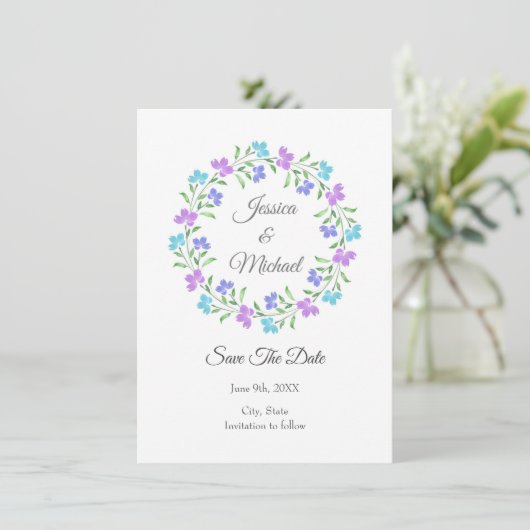 Aqua, Periwinkle, Lila Aquarell Save The Date (Stehend Vorderseite)