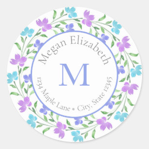 Aqua Periwinkle Lila Blumenkronetikett Runder Aufkleber