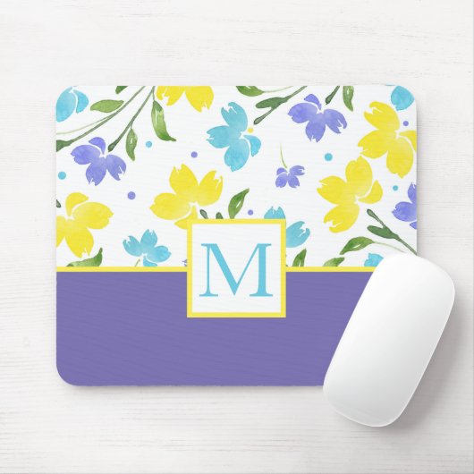 Aqua Periwinkle Yellow Watercolor Blume Stems Mousepad (Mit Mouse)