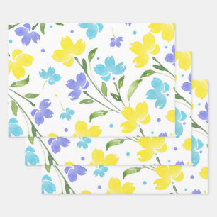 Aqua Periwinkle Yellow Watercolor Floral Stems Geschenkpapier Set
