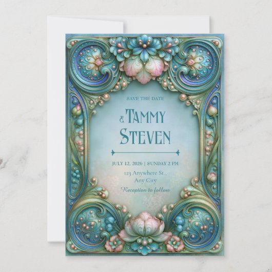 Aqua-Perlen-Lotus-Hochzeit Einladung (Vorderseite)