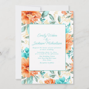 Aqua Pfirsich Aquarell Blumen Hochzeit Einladung