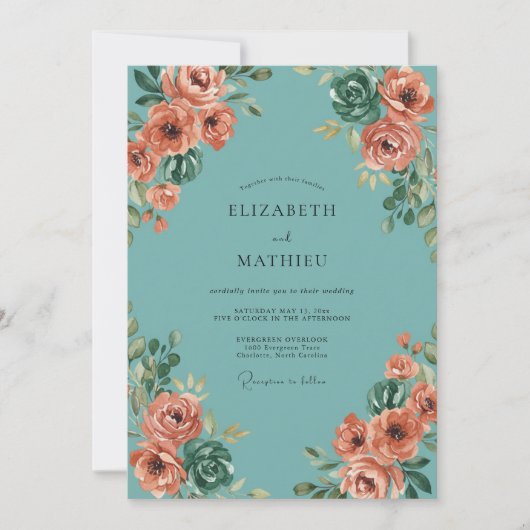 Aqua-Pfirsich-Hochzeit bemalt Einladung (Vorderseite)