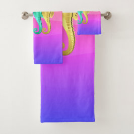 Aqua/pink/blau/goldfarbenes Seepferd Badetuch Badhandtuch Set