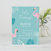 Aqua & Pink Flamingo Tropical Birthday Einladung (Stehend Vorderseite)