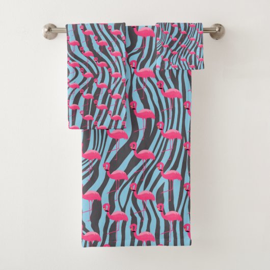 AQUA PINK FLAMINGO ZEBRA PRINT BADEZIMMER TOWEL SE BADHANDTUCH SET (Insitu)