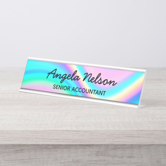 Aqua Pink Iridescent Rainbow Wave Ombre Schreibtischnamensplakette (Vorderseite )