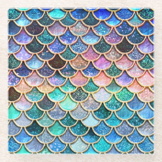 Aqua Pink Mermaid Glitzer Scales- Meerjungenskala Glasuntersetzer (Vorderseite)