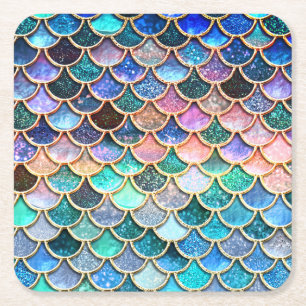 Aqua Pink Mermaid Glitzer Scales- Meerjungenskala Rechteckiger Pappuntersetzer