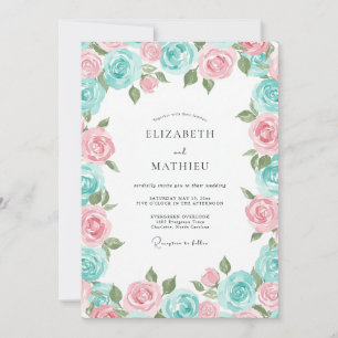Aqua Pink Strahlende Rosenhochzeit Einladung