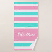 Aqua Pink Stripes Script Name Badetuch Badehandtuch (Badehandtuch)