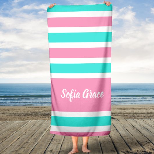 Aqua Pink Stripes Script Name Badetuch Badehandtuch
