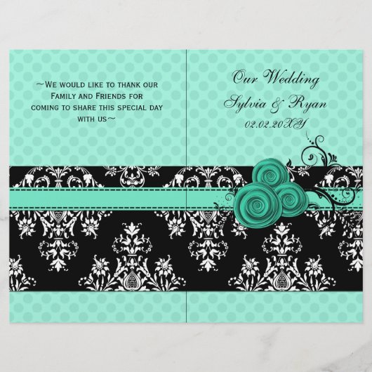 Aqua polka dots florales Hochzeitsprogramm (Vorderseite)