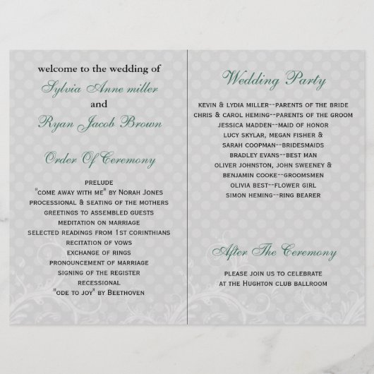 Aqua polka dots florales Hochzeitsprogramm (Rückseite)